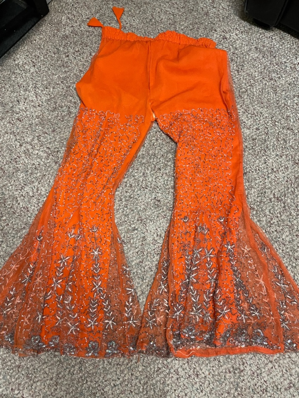 Vintage beaded sequinned super bell bottom Embellished Orange mesh Pants - Picture 13 of 13